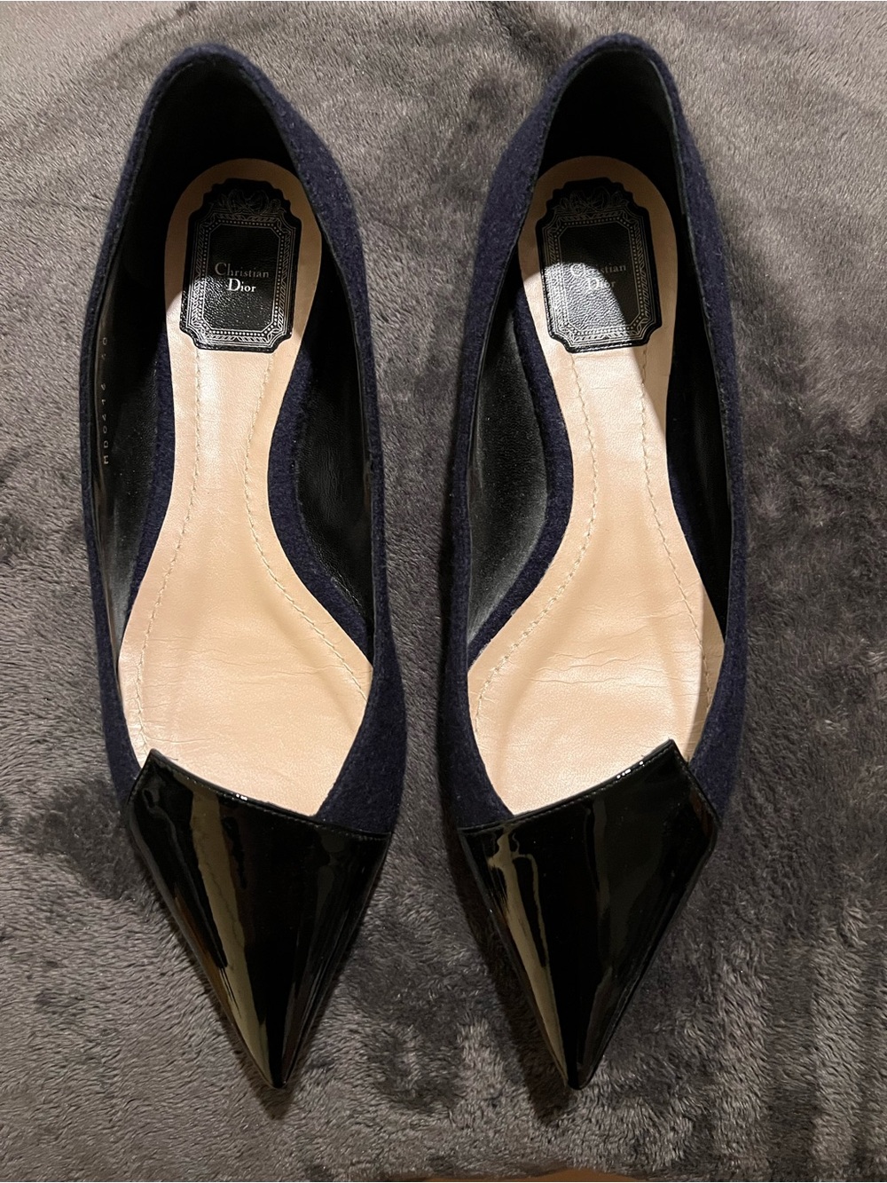Dior Navy Wool Flats with Black Patent Pointed Toe